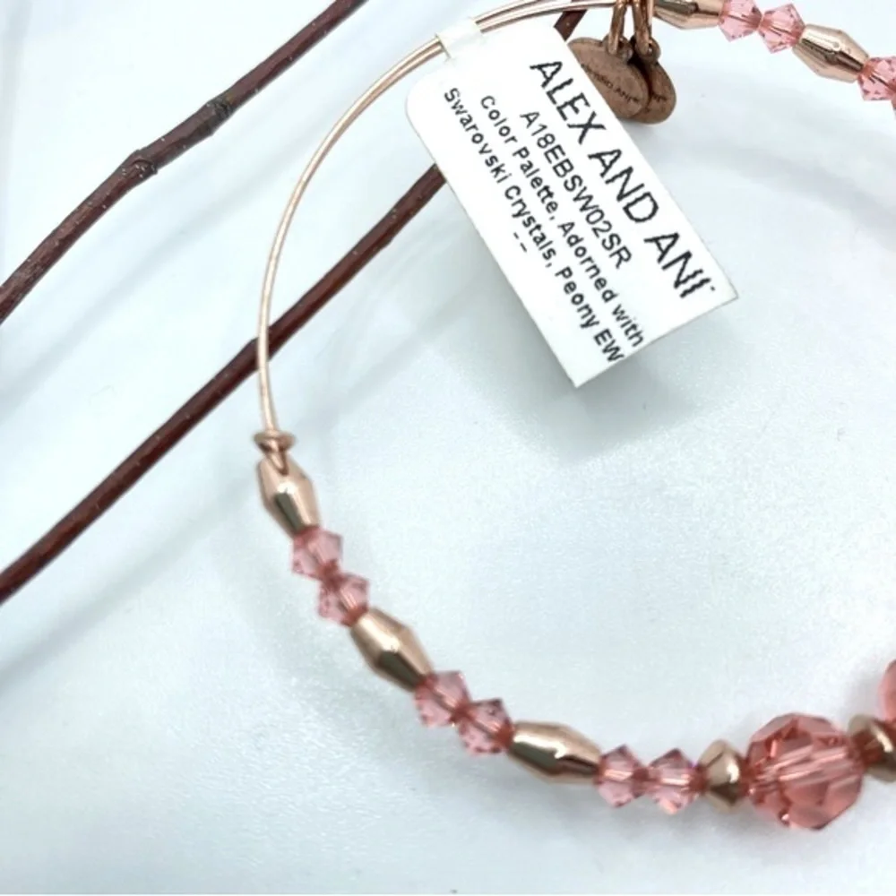 Alex And Ani Peony Swarovski Crystal Shiny Rose Gold Beaded Bangle Bracelet NWT